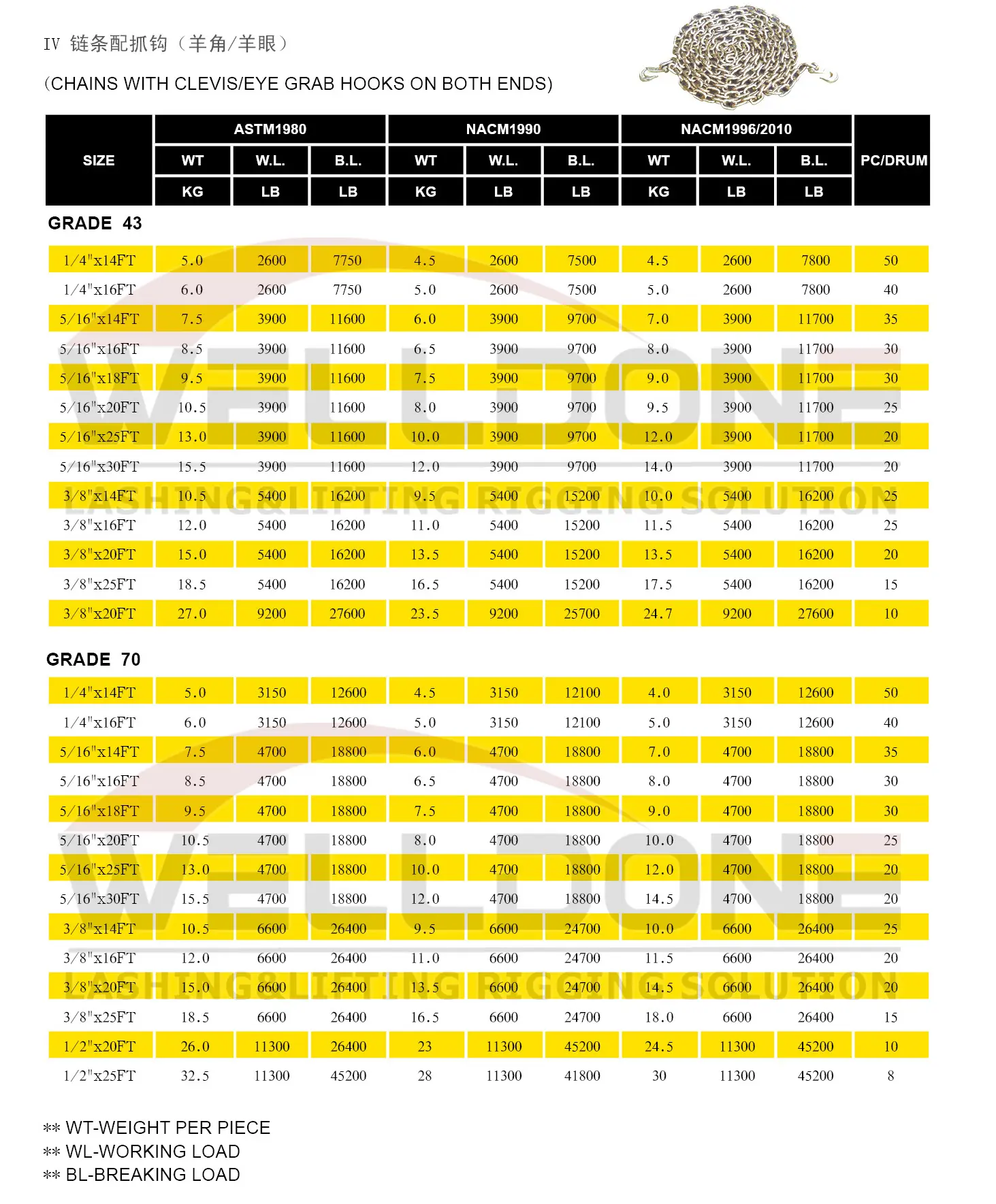 G70 transport chain with hook specification