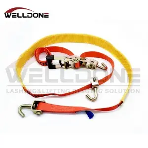 Car transportation wheel tie down strap with grip sleeve