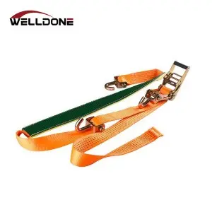 Car transportation wheel tie down strap with grip sleeve